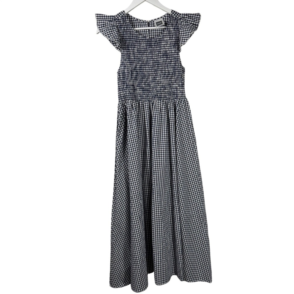 Nom Maternity Navy Gingham Smocked Maxi Dress Flutter Sleeve Navy White Check M